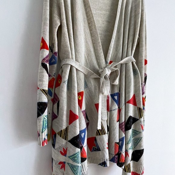 Desigual Asymmetric Open Knit Long Cardigan Colorful Geometric Belt Sweater Sz M - Picture 3 of 12